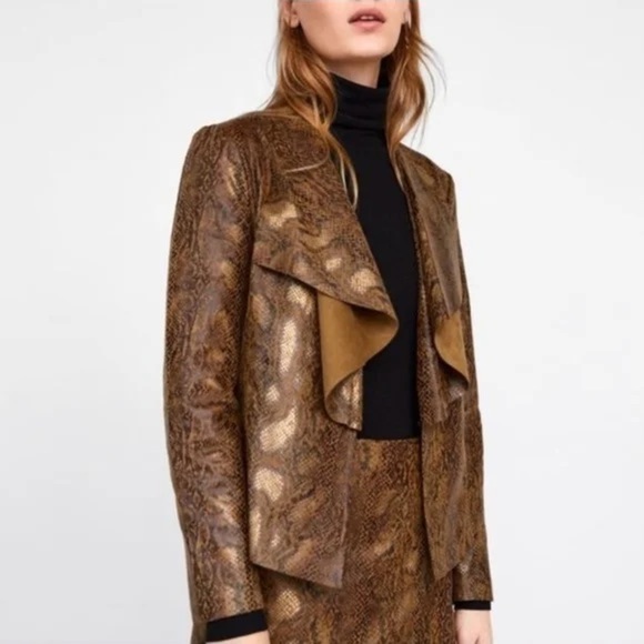 Zara Brown Snake Print Faux Suede Blazer Jacket Open Waterfall Collar Small - Picture 15 of 16